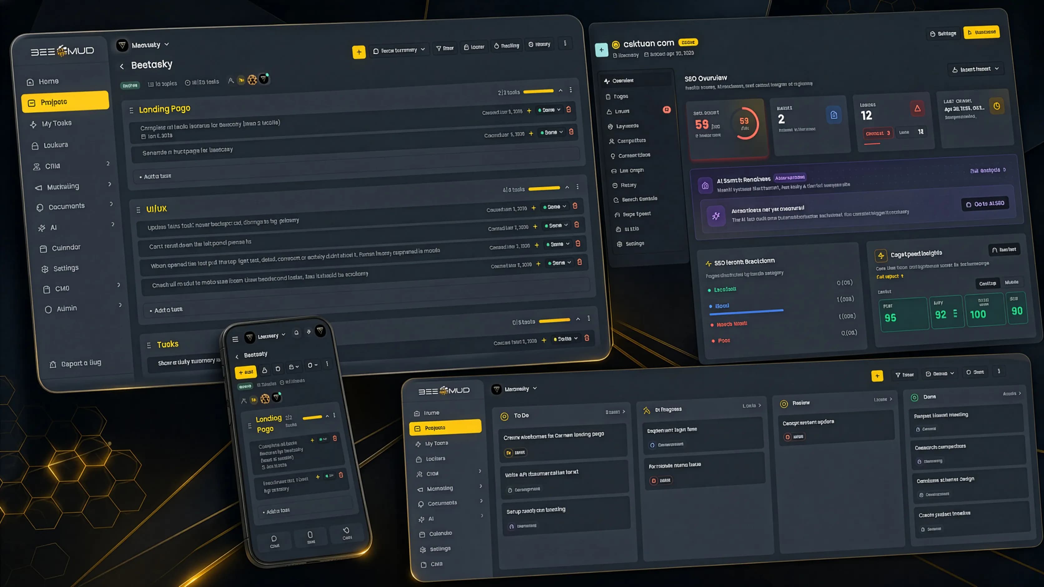 Beemud project, CRM and SEO dashboards shown on desktop, tablet and phone