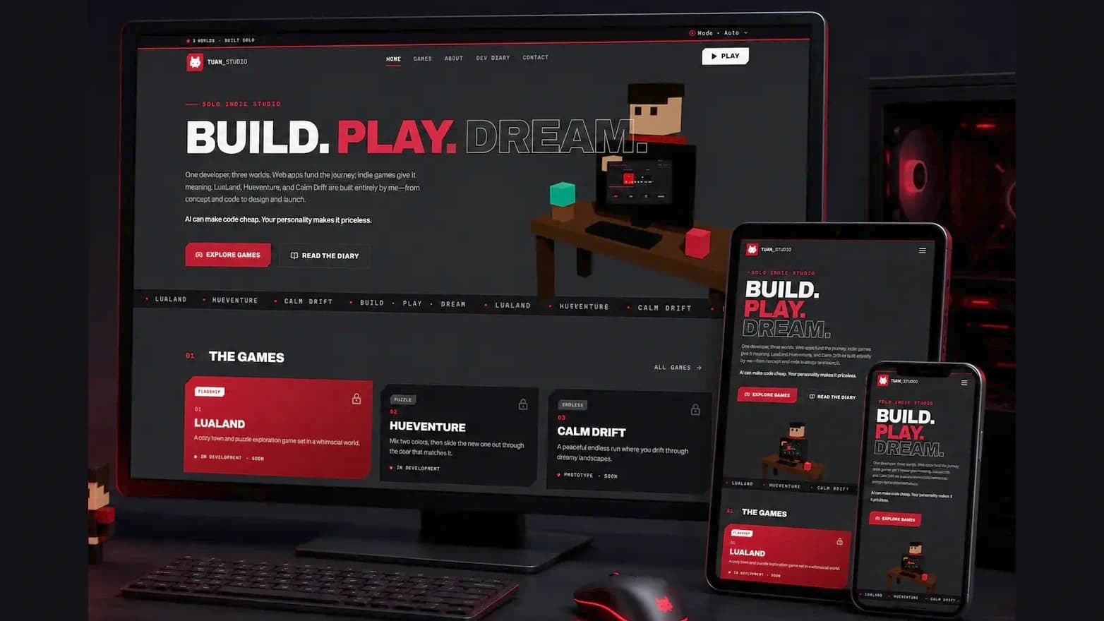 Tuan.Games indie studio site shown on desktop, tablet and phone
